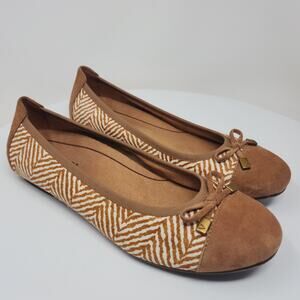 Vionic Spark Minna Bow Flat Women 7.5M Toffee Tan & Cream Zebra Cow Hair & Suede